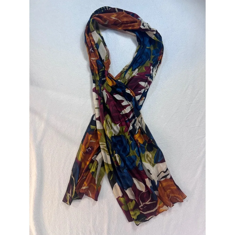 Vintage Floral Silk Feel Scarf Multi Color Oversized Botanical Print Rectangle